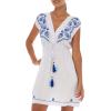 imageBack From Bali Womens Dress Boho Embroidered Sleeveless Summer Sundress Deep V Neck Midi Short DressWhite