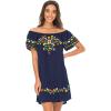 imageBack From Bali Womens Off Shoulder Short Mexican Embroidered Dress Floral Boho Peasant Dress Tunic TopNavy