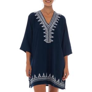 imageBack From Bali Womens Boho Embroidered Swimsuit Cover Up Loose Fit Casual Tunic Top Dress Resort WearNavy