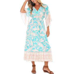 imageBack From Bali Womens Casual Boho Dress Long Maxi Flowy Dresses with Deep V Neck Summer SundressCool Turquoise