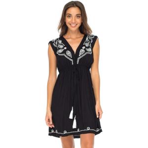 imageBack From Bali Womens Dress Boho Embroidered Sleeveless Summer Sundress Deep V Neck Midi Short DressBlack