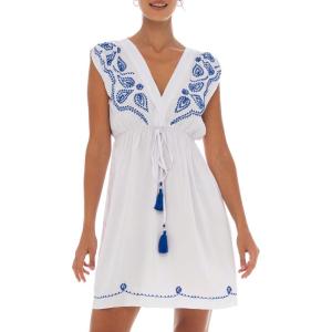 imageBack From Bali Womens Dress Boho Embroidered Sleeveless Summer Sundress Deep V Neck Midi Short DressWhite