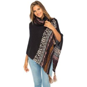imageBack From Bali Womens Knit Sweater Cape Boho Soft T Neck Cowl Neck Poncho TasselsBlack