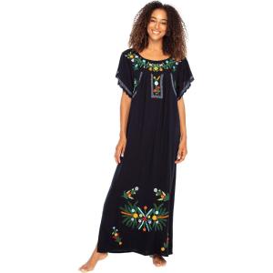 imageBack From Bali Womens Long Mexican Embroidered Dress Maxi Boho Floral Summer Short Sleeve Kaftan RayonBlack