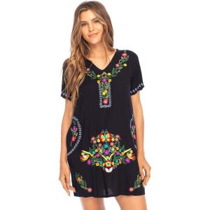 imageBack From Bali Womens Mexican Embroidered Dress Short Casual Boho Summer Floral Tunic Top Shift with Pockets RayonBlack