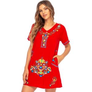 imageBack From Bali Womens Mexican Embroidered Dress Short Casual Boho Summer Floral Tunic Top Shift with Pockets RayonRed