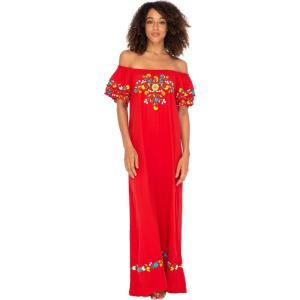 imageBack From Bali Womens Off Shoulder Long Mexican Embroidered Dress Maxi Boho Floral Summer Peasant DressRed