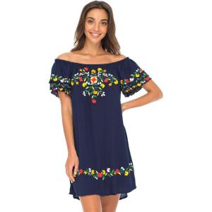 imageBack From Bali Womens Off Shoulder Short Mexican Embroidered Dress Floral Boho Peasant Dress Tunic TopNavy