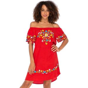 imageBack From Bali Womens Off Shoulder Short Mexican Embroidered Dress Floral Boho Peasant Dress Tunic TopRed
