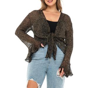 imageBack From Bali Womens Plus Size Sheer Shrug Cardigan Long Bell Sleeves Lightweight Knit Bolero 2X 3X 4XBlack Gold
