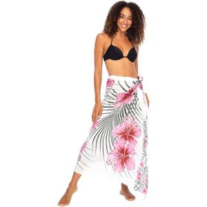 imageBack From Bali Womens Print Sarong Swimsuit Beach Cover Up Wrap Skirt PareoHibiscus White Pink