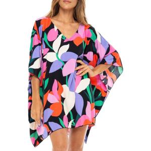 imageBack From Bali Womens Short Beach Swimsuit Cover Up Caftan Pullover Floral Poncho for Bathing SuitPop Floral Black