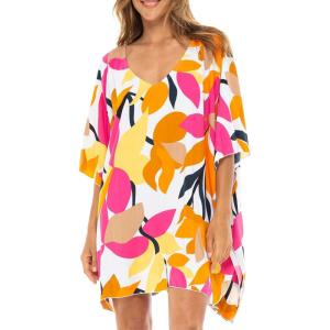 imageBack From Bali Womens Short Beach Swimsuit Cover Up Caftan Pullover Floral Poncho for Bathing SuitPop Floral White
