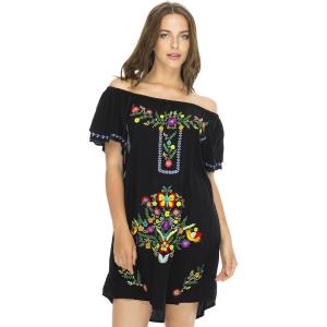 imageBack From Bali Womens Short Dress Off Shoulder Embroidery Tunic Mexican StyleBlack