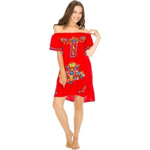 imageBack From Bali Womens Short Dress Off Shoulder Embroidery Tunic Mexican StyleRed