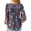 imageBack From Bali Womens Boho Pullover Blouse with Floral Print VNeck Long Sleeves Relaxed Fit Tassel Tie Top ShirtNavy