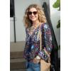 imageBack From Bali Womens Boho Pullover Blouse with Floral Print VNeck Long Sleeves Relaxed Fit Tassel Tie Top ShirtNavy
