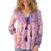 imageBack From Bali Womens Boho Pullover Blouse with Floral Print VNeck Long Sleeves Relaxed Fit Tassel Tie Top ShirtPurple