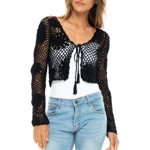 imageBack From Bali Womens 100 Cotton Crochet TieFront Artisan Shrug Sweater Cropped Lightweight Flower Knit BoleroBlack