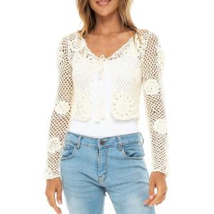 imageBack From Bali Womens 100 Cotton Crochet TieFront Artisan Shrug Sweater Cropped Lightweight Flower Knit BoleroNatural Cream