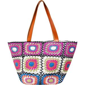 imageBack From Bali Womens 100 Cotton Hand Crochet Large Bucket Tote Bag Artisan Granny Square Lined Zipper Closure