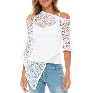 imageBack From Bali Womens 100 Cotton Knit Poncho Sweater Lightweight Artisan Summer Shrug ShawlWhite