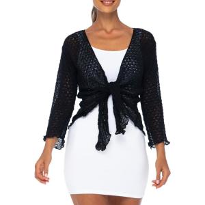 imageBack From Bali Womens 100 Cotton Shrug Tie Front Cardigan Lightweight Soft Knit 34 Sleeve Open Front SweaterBlack