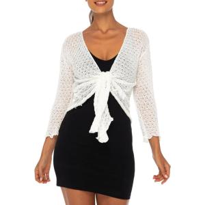 imageBack From Bali Womens 100 Cotton Shrug Tie Front Cardigan Lightweight Soft Knit 34 Sleeve Open Front SweaterCream