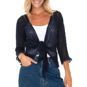 imageBack From Bali Womens 100 Cotton Shrug Tie Front Cardigan Lightweight Soft Knit 34 Sleeve Open Front SweaterNavy