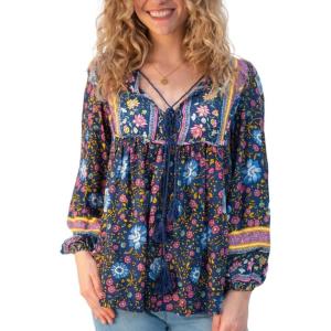 imageBack From Bali Womens Boho Pullover Blouse with Floral Print VNeck Long Sleeves Relaxed Fit Tassel Tie Top ShirtNavy