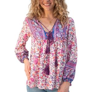 imageBack From Bali Womens Boho Pullover Blouse with Floral Print VNeck Long Sleeves Relaxed Fit Tassel Tie Top ShirtPurple