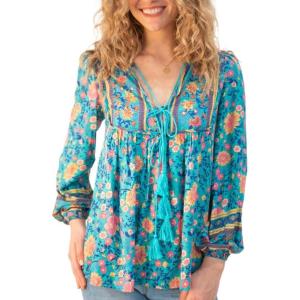 imageBack From Bali Womens Boho Pullover Blouse with Floral Print VNeck Long Sleeves Relaxed Fit Tassel Tie Top ShirtTurquoise