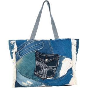 imageBack From Bali Womens Denim Patchwork Pocket Tote Bag Classic Lightweight Shoulder Boho Purse Handbag