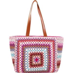 imageBack From Bali Womens Large Hand Crochet Tote Bag  Fully Lined Zipper Closure Over the Shoulder Handle HandbagPink