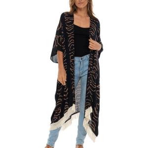 imageBack From Bali Womens Long Open Front Kimono Cardigan Boho Flowy Swimsuit Cover Up Summer Rayon Beach DusterBlack Ruins