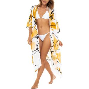 imageBack From Bali Womens Long Open Front Kimono Cardigan Boho Flowy Swimsuit Cover Up Summer Rayon Beach DusterYellow Blossom