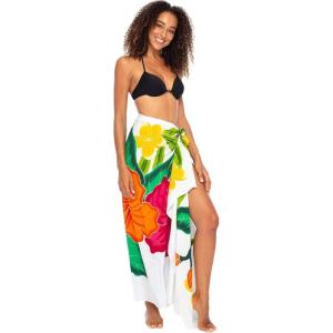 imageBack From Bali Womens Sarong Coverup Hand Painted Flower Swimsuit Wrap Skirt Beach Pareo with Coconut ClipHibiscus White