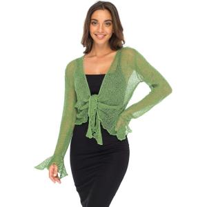 imageBack From Bali Womens Sheer Shrug Bolero Long Sleeves Cropped Cardigan Lite Bell SleevesGreen