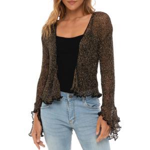 imageBack From Bali Womens Sheer Shrug Bolero Long Sleeves Cropped Cardigan Lite Bell SleevesMetallic Black Gold