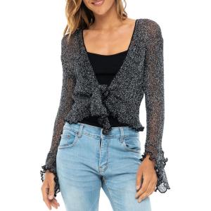 imageBack From Bali Womens Sheer Shrug Bolero Long Sleeves Cropped Cardigan Lite Bell SleevesMetallic Black Silver