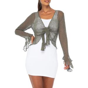 imageBack From Bali Womens Sheer Shrug Bolero Long Sleeves Cropped Cardigan Lite Bell SleevesOlive
