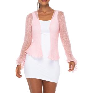 imageBack From Bali Womens Sheer Shrug Bolero Long Sleeves Cropped Cardigan Lite Bell SleevesPink