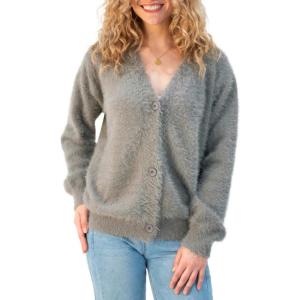 imageBack From Bali Womens Slouchy VNeck Cardigan Fuzzy Knit Sweater Oversized Drop Shoulder Long SleevesGrey