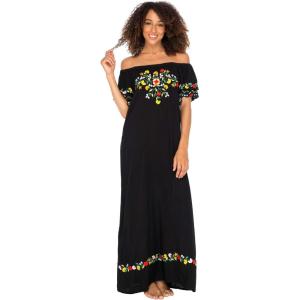 imageBack From Bali Womens Off Shoulder Long Mexican Embroidered Dress Maxi Boho Floral Summer Peasant DressBlack