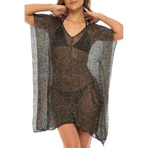 imageBack From Bali Womens Sheer Short Swimsuit Cover Up Sexy Pullover Metallic Mesh Knit Beach PonchoBlack Gold