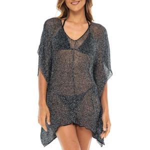 imageBack From Bali Womens Sheer Short Swimsuit Cover Up Sexy Pullover Metallic Mesh Knit Beach PonchoBlack Silver